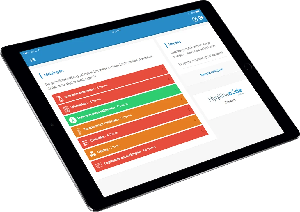 Hygiënecode Online app op tablet met overzicht van HACCP-registraties