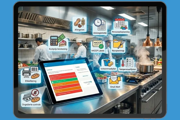 Horecakeuken met tablet en functies van Hygiënecode Online